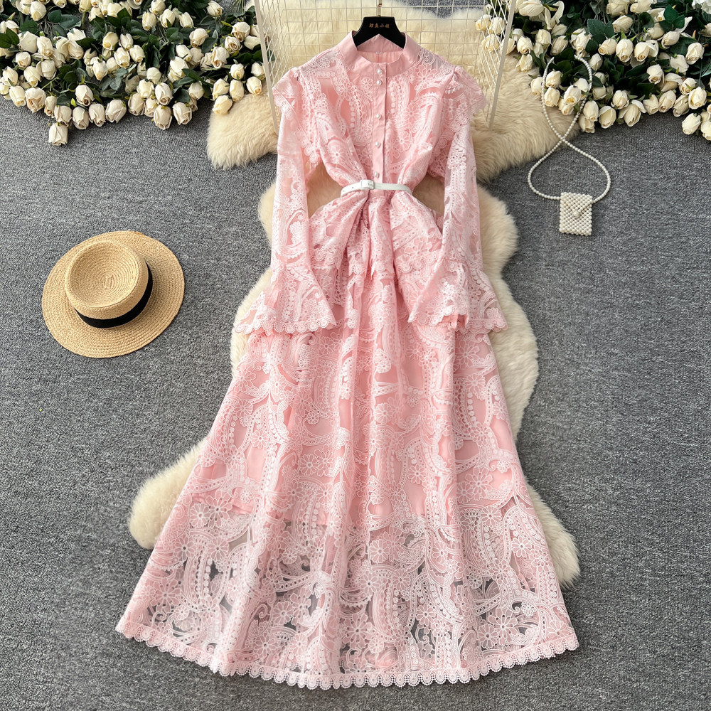 Elegant Long Evening Dress High End Embroidery Hollow Out Flared Sleeves Spring Summer Party Wear Wholesale