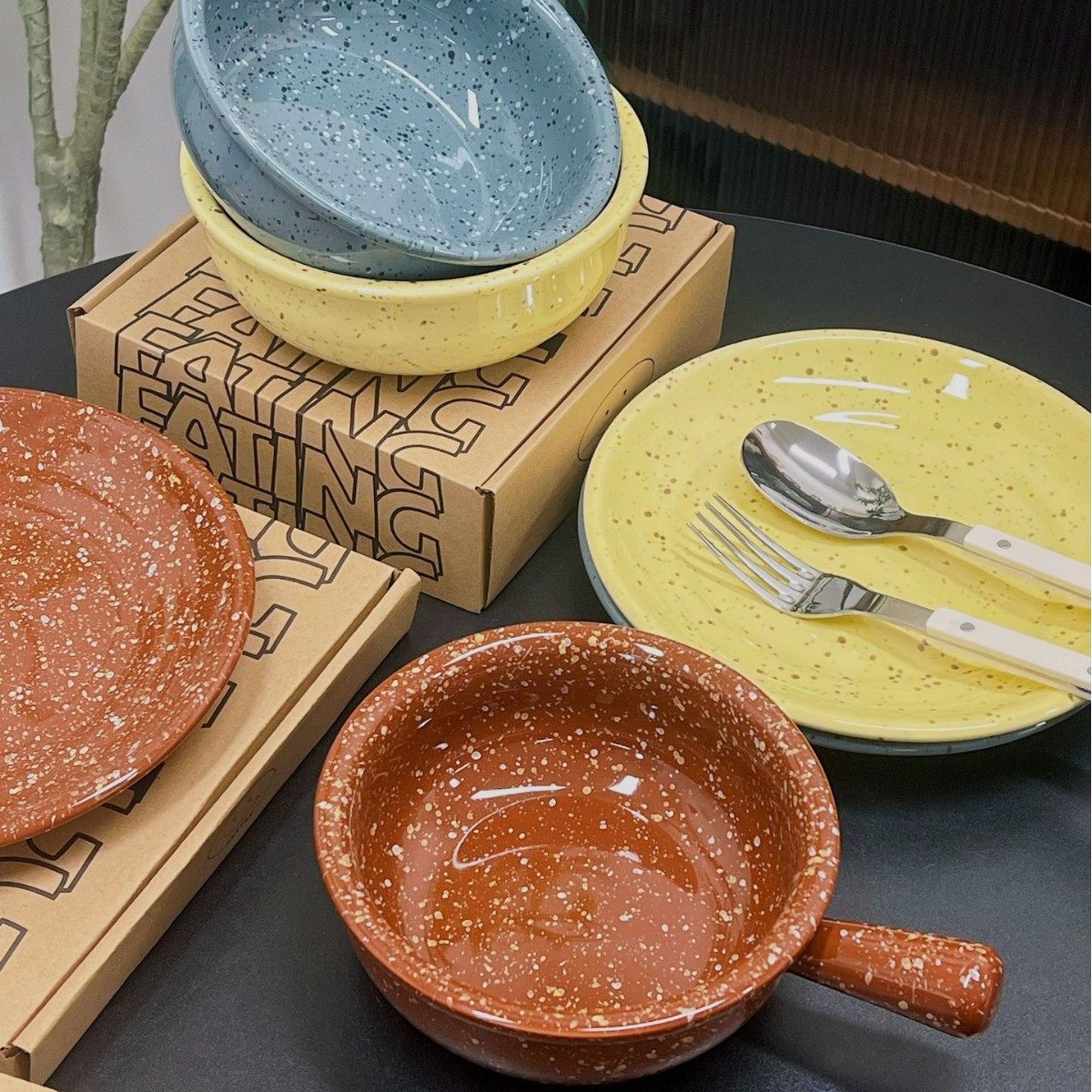 Splash-Ink Retro Simple Ceramic Rice Bowl Soup Bowl Shallow Dish Plate Ceramic Tableware Set Household Imitation Enamel Style