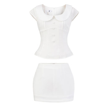 Korean Pure Desire Doll Collar Short-Sleeved Waist Top for Women 2025 Summer Sweet Sexy Slim Fit Hip-Hugging Short Skirt Two-Piece Set