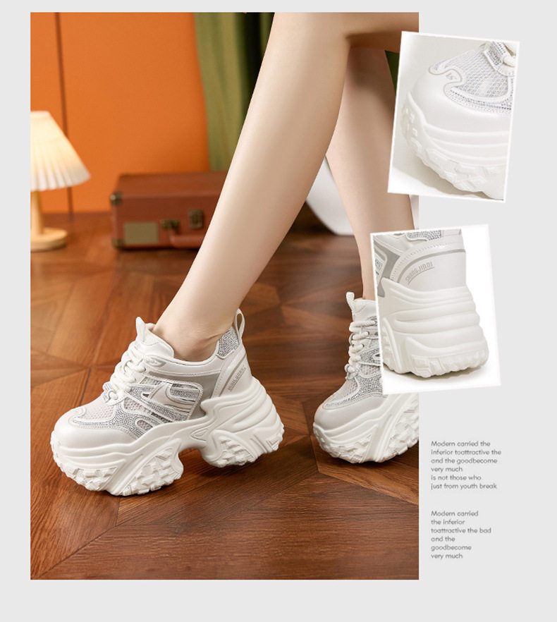 Giày sneaker nữ chunky đế dày lưới thoáng họa tiết đá quý gót 10 cm — Bạc, Trắng chi tiết 2