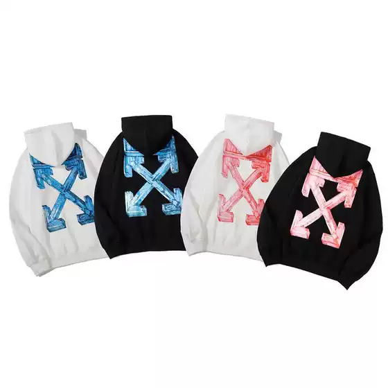 American Trendy Brand Off Caution Line Chalk Arrow Hooded Velvet Sweatshirt for Men and Women, Loose Tops for Couples, Dropshipping