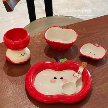 Internet Celebrity Apple Plate Cartoon Ins High-Looking Cute Ceramic Apple Cup Bowl Dish Spoon