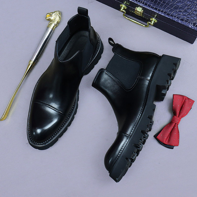 Boot Nam Cổ Cao Da Bóng Chiều Cao Đế Khoảng 4cm Phong Cách Anh Quốc Màu Đen, Nâu