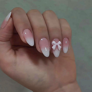 Pink Smudged Almond Wearable Nails, High-End Bow Manicure, Fake Nails, Wearable Nails, Wholesale Nails