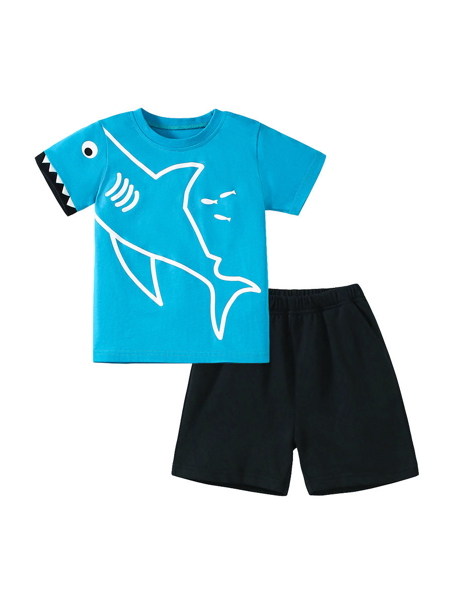 Set bambini maniche corte carino estivo, outfit ragazzi squalo cartone animato, abbigliamento bambini cotone