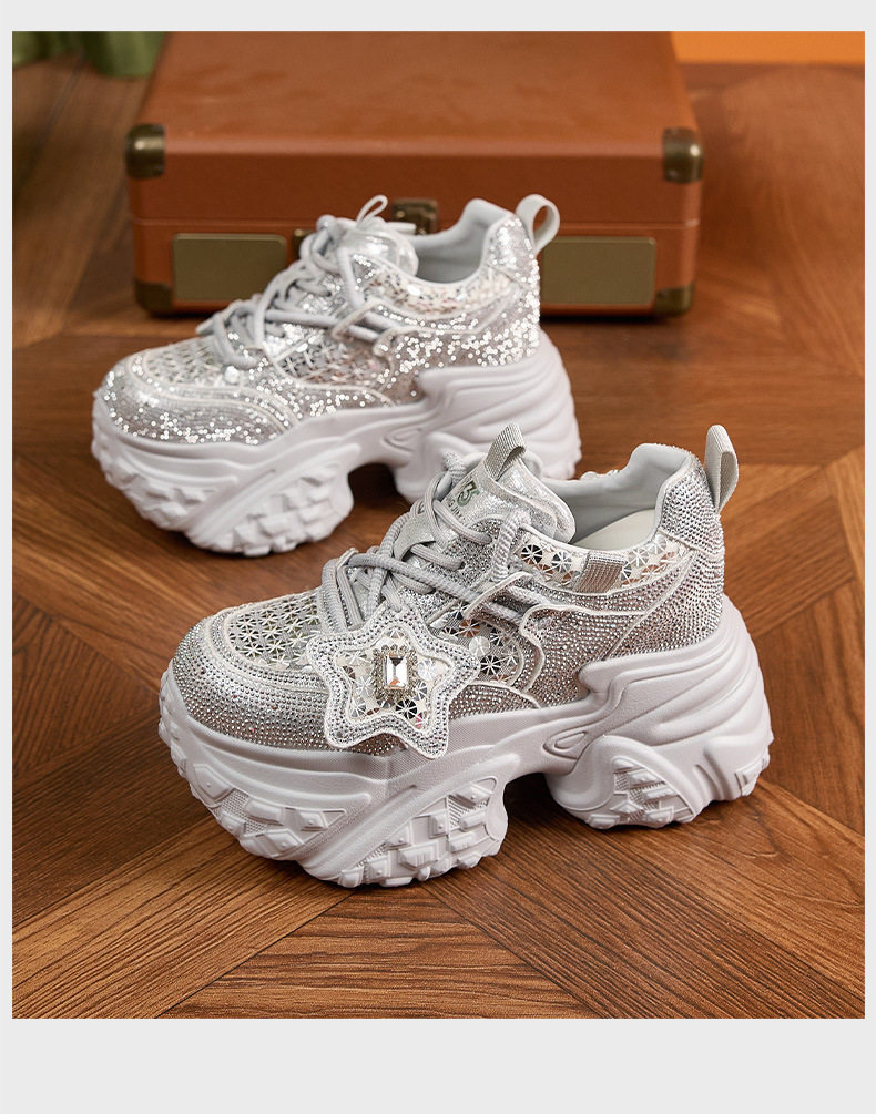 Giày sneaker nữ đế dày tăng chiều cao lưới thoáng khí dây buộc — Trắng, Bạc chi tiết 18