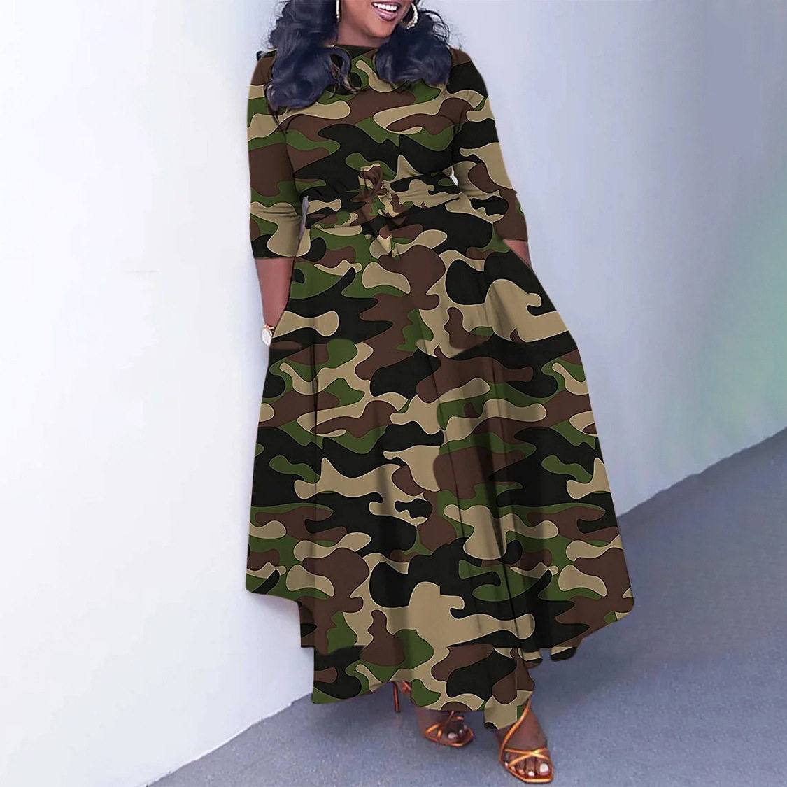 Plus Size African Print Midi Dress Stylish Tie Design Elegant Floral Pattern Spring Fashion Wholesale Available