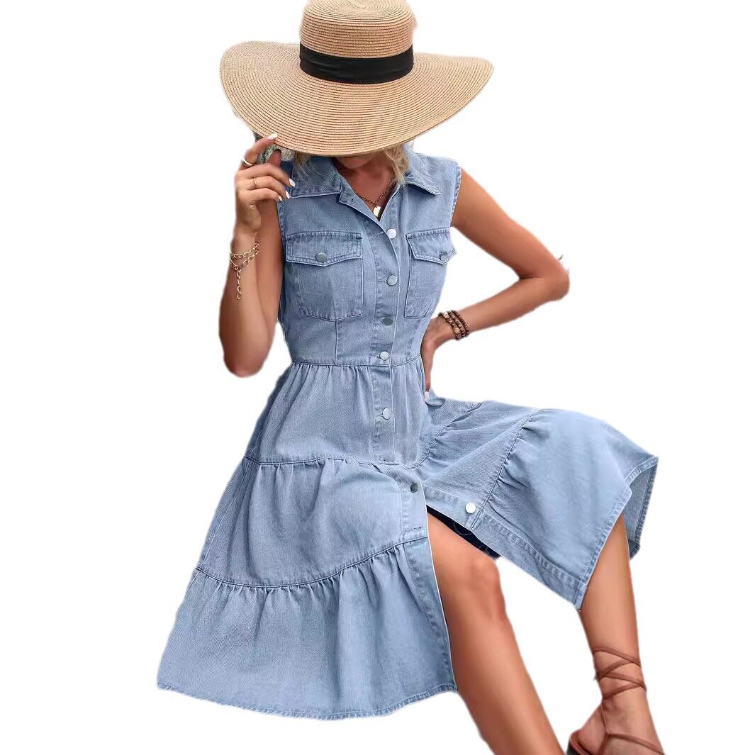 Vintage Slim Fit Denim Dress Waist Defining Elegant Design Short Sleeve Perfect for Casual Outings Wholesale