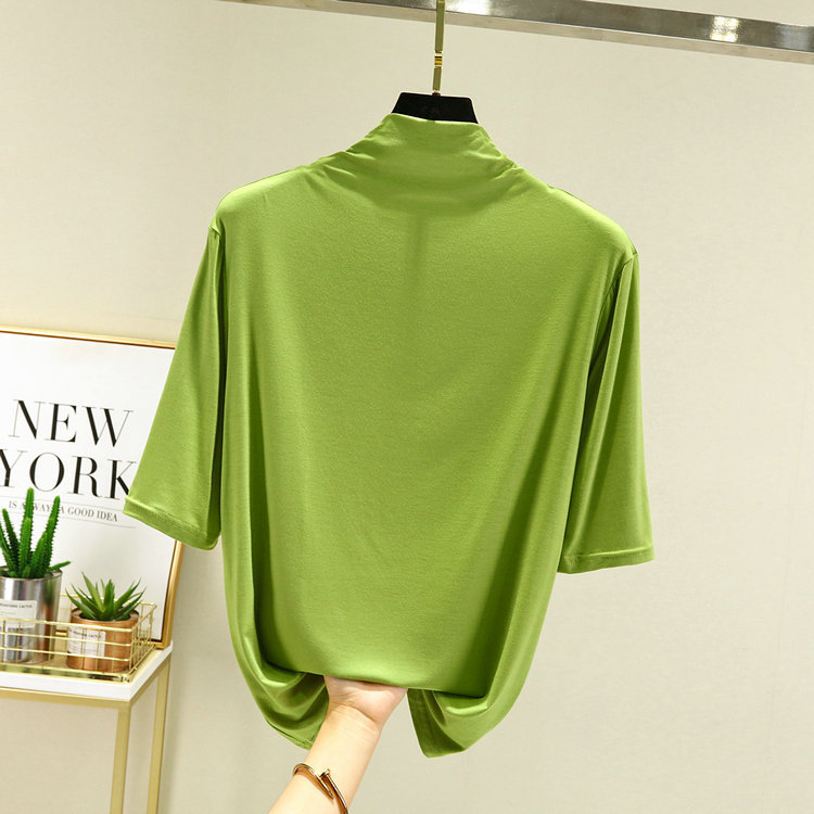 早秋新款纯色基础半高领中袖打底衫女莫代尔棉百搭五分袖T恤上衣