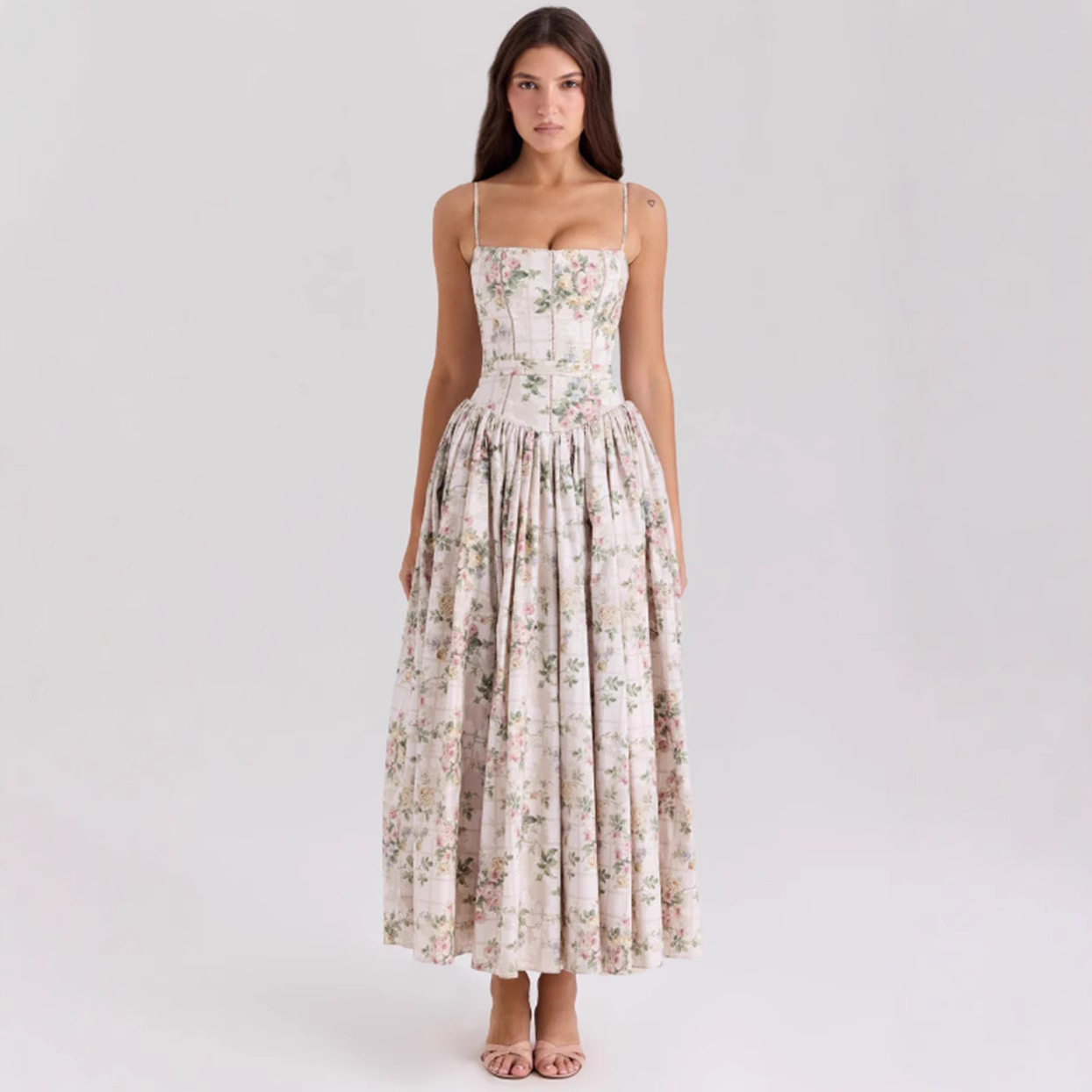 Elegant Floral Print A Line Maxi Dress Slim Fit Sleeveless Soft Fabric Perfect for Summer Events Wholesale Available