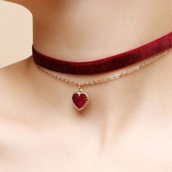 New Year Wine Red Girl Heart choker Double Collar Chain Necklace Velvet Heart Necklace Gift