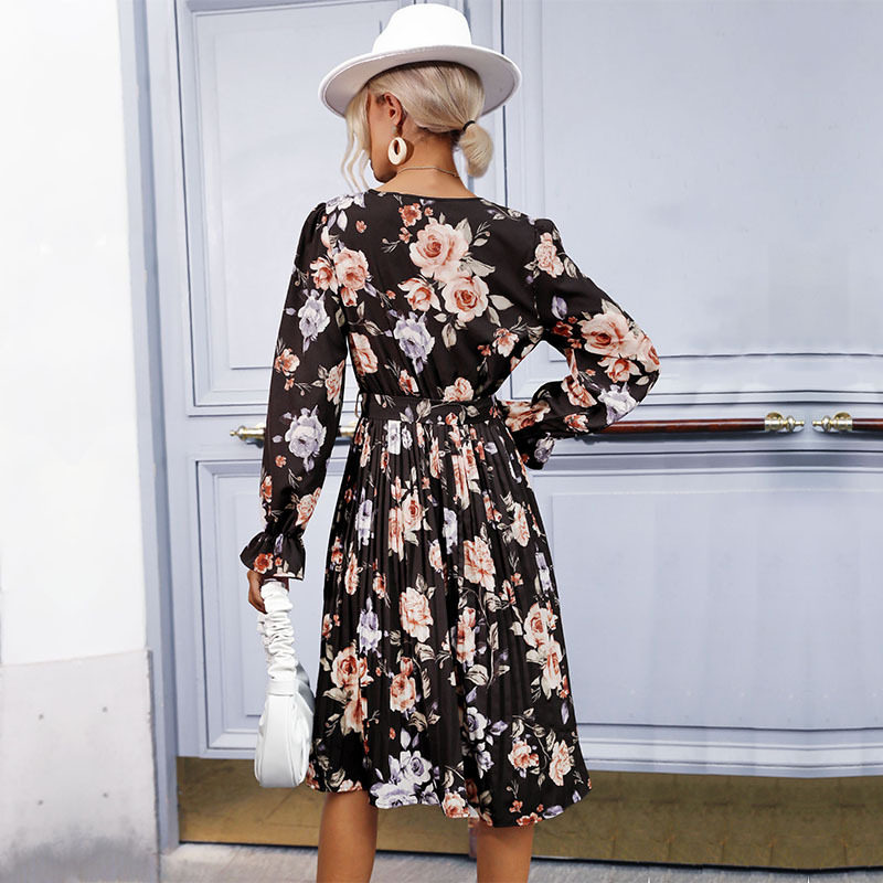 Printed Long Sleeve Dress Pleated Design Mid Length Fashionable for Women Perfect for Casual or Formal Occasions