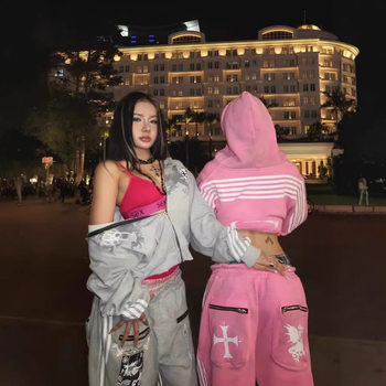 Cross-border 2025 European and American Street Stripe Printed Hooded Zipper Sweat Spice Girls Sports Sweat Sweat Pants for suit Men and Women