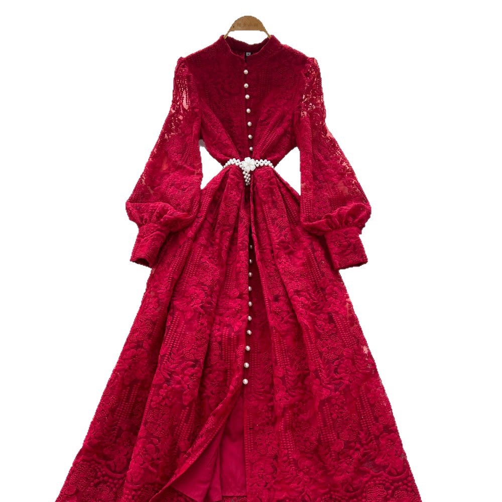 Vintage French Style Embroidered Mesh Dress Beaded Waist Tie A Line Elegant Long Skirt Perfect for Formal Occasions