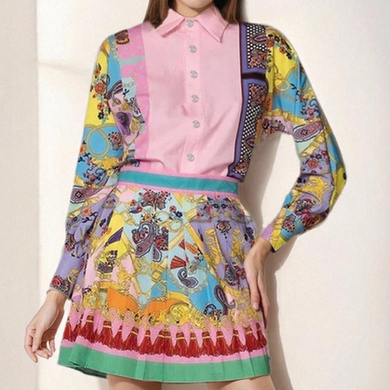 Spring Floral Long Sleeve Shirt and Pleated Skirt Set for Women Stylish Two Piece Outfit Perfect for Casual or Business