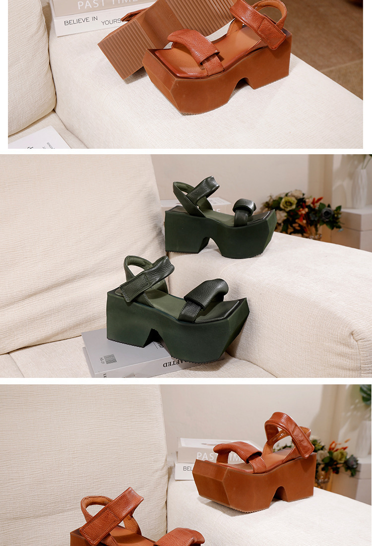 Sandal nữ quai ngang bản rộng đế dày tôn dáng, da bò thật cao cấp — màu đen, Màu nâu, Xanh rêu đậm