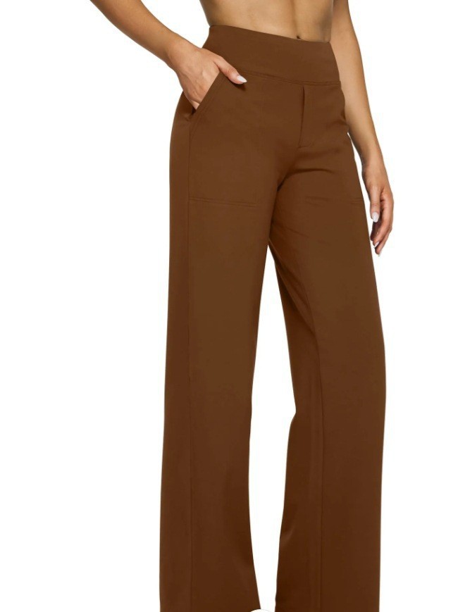 High Waisted Loose Fit Straight Leg Pants Solid Color Pocket Design Casual Style Autumn Collection Wholesale