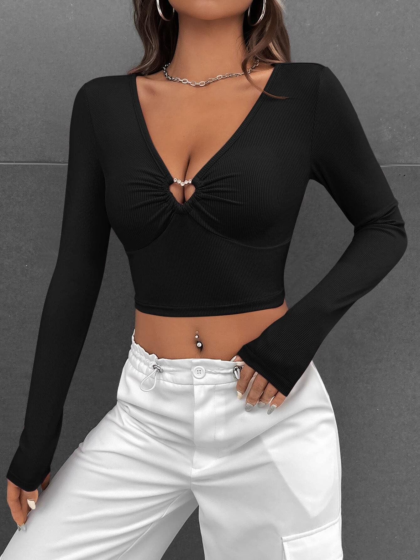 Black V Neck Hollow Out Long Sleeve T Shirt Slim Fit Waist Cinching Sexy Style Casual Wear for Women Wholesale