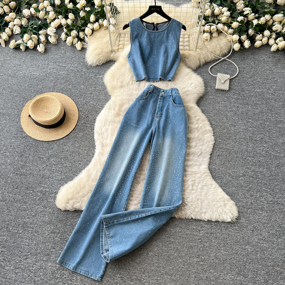 Korean Style Womens Denim Set Summer Halter Top High Waisted Wide Leg Pants Chic Office Wear Wholesale Available