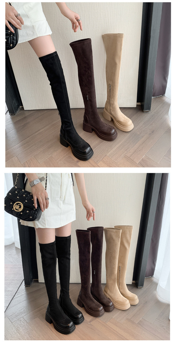 Boot nữ cổ cao quá gối gót vuông 7.5cm phối da bò và vải co giãn — Lót nhung ống lớn màu nâu, Lót nhung ống nhỏ màu nâu, Màu đen ống lớn lót nhung bên trong, Màu đen ống nhỏ lót nhung bên trong