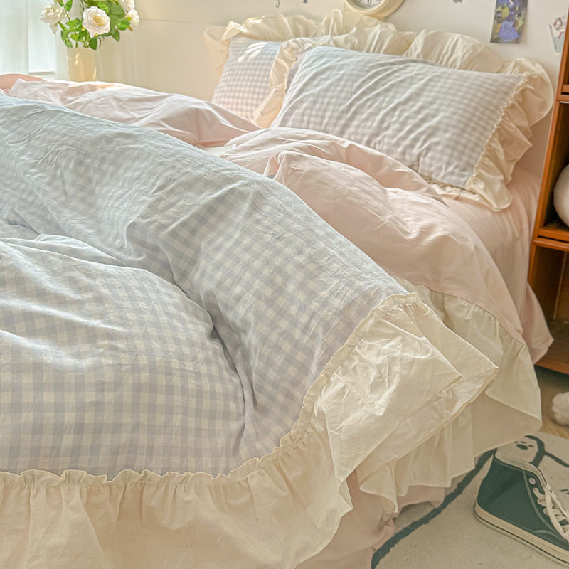 Skin-friendly Comfortable Washed Cotton Korean Princess Style Lace Four-piece Set Girl Heart Plaid Three-piece Set Ruffled Wholesale