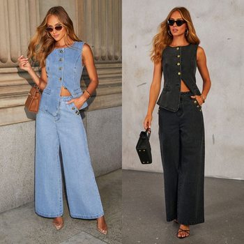 Factory direct cross-border 2025 new American solid color fashion sleeveless Denim suit European and American style straight leg pants