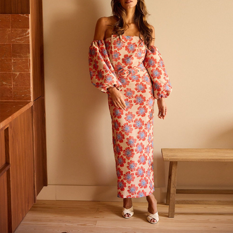 Summer Floral Maxi Dress for Women Casual Vacation Style Puff Sleeve Strapless Comfortable Fabric Wholesale