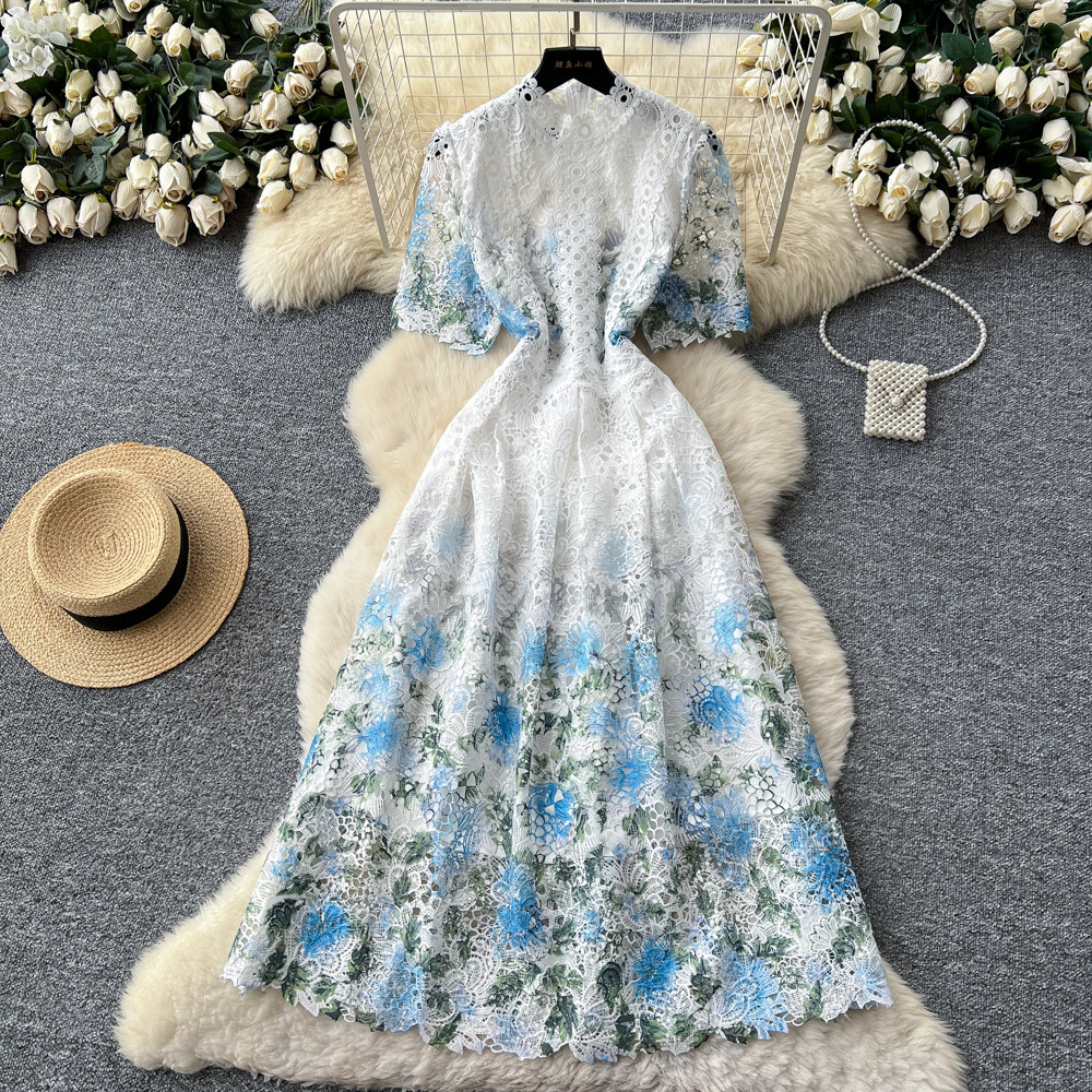 French Vintage Elegant Lace Dress High Quality Hollow Out Slim Fit Long Length Perfect for Formal Events Wholesale