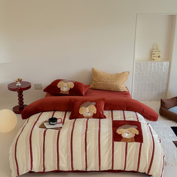 Cute 230g Full Matte Milk Velvet Bed Four-Piece Set Cartoon Printed Embroidered Quilt Cover Thickeneded Bed Bed Sheets Pillowcase 4