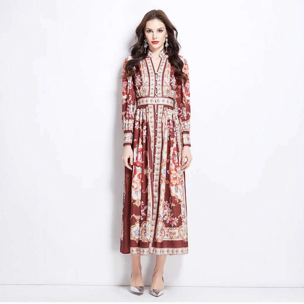 Elegant Vintage V Neck Long Sleeve Button Up Dress Waist Defining Floral Print Pleated Design Perfect for Parties and
