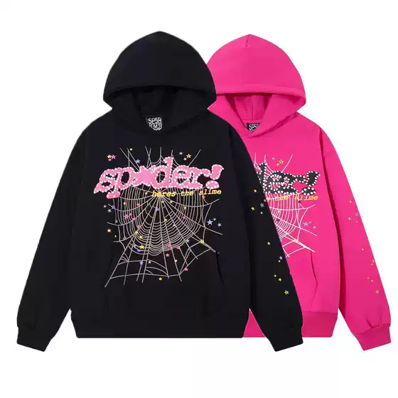 Beautiful Trendy Men's and Women's 555555 Spider Web Foam Printed Hip-Hop Loose fleece-lined Hooded Sweat suit