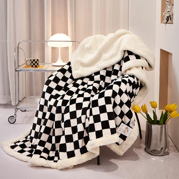 2025 Autumn and Winter Double-Layer Thickeneded Lamb Velvet Blanket Pure Plain Checkerboard Office Blanket Small Fur Blanket Casual