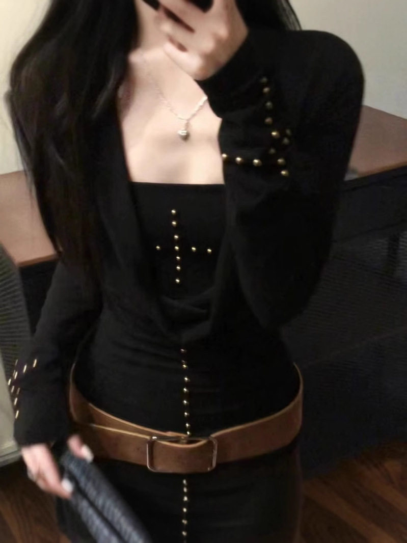 American-style Y2K Spice Girl Swing Collar Long-sleeved T-shirt Women's Spring and Autumn Black Slim-fit Rivet Top Stacked Tube Top Two-piece Suit