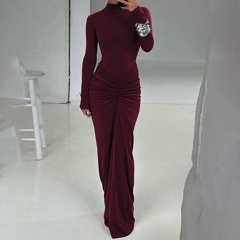 Elegant Solid Color Long Dress Slimming Fit Ruffled Design Perfect for Fall Winter Wholesale Available