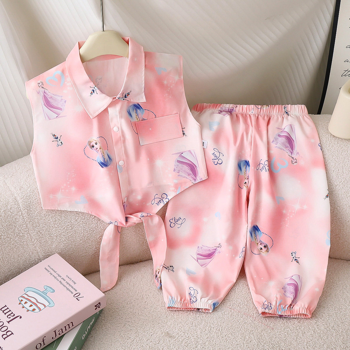 Nuovo set canotta fresca stampata bambine, estivo carino stile pastorale outfit pantaloni anti-zanzare rinfrescante