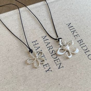 Korean Ins Simple Black Rope Silver Hollow Flower Necklace Adjustable Long Accessory Versatile Sweater Chain