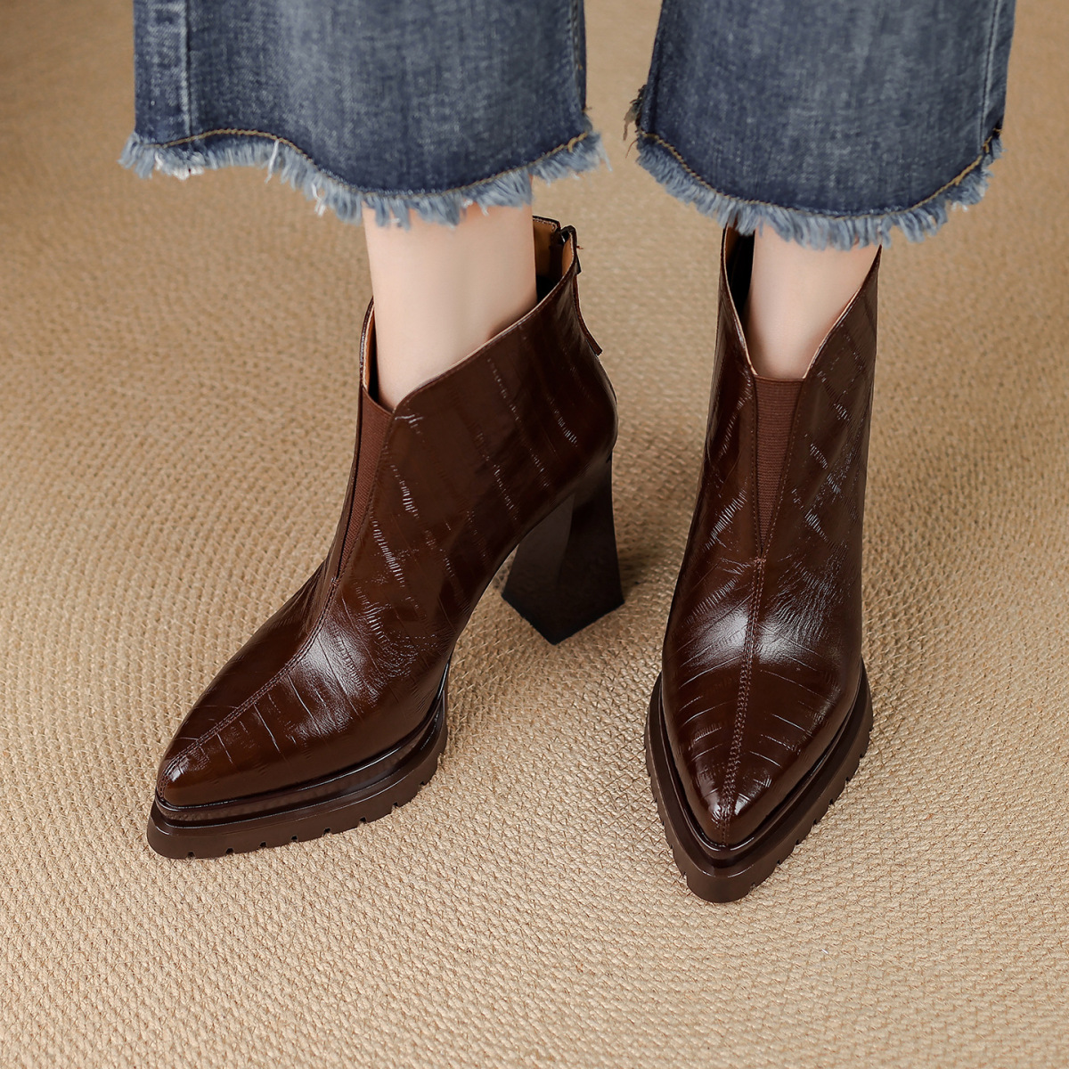 Boot nữ cổ thấp mũi nhọn gót thô đế dày da bò khoá kéo phía sau — Lớp lót đơn màu đen, Lớp lót đơn màu nâu, Lót nhung đen, Lót nhung màu nâu