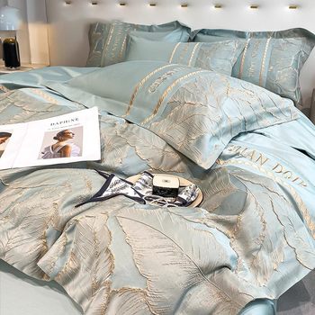 Mercury Home Textiles Light Luxury 160 Count Pure Cotton Four-Piece Set Cotton Quilt Cover Sheets Fitted Sheets European Style Relief Embroidery Bedding 4