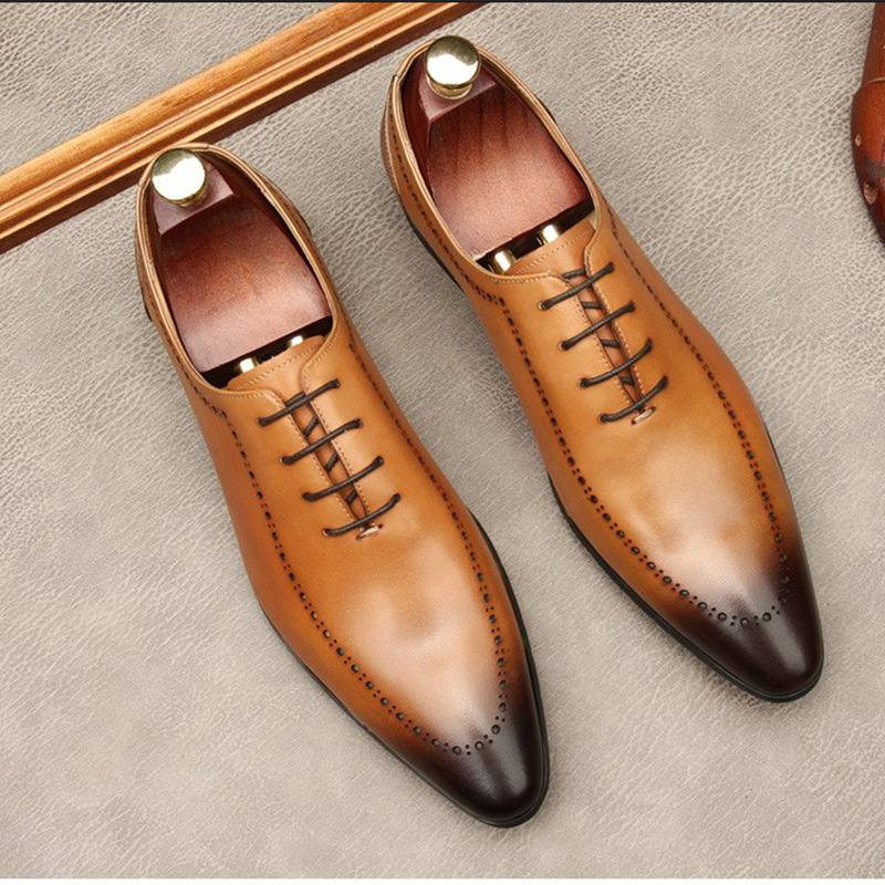 Giày Oxford nam da bò thật mũi tròn chạm khắc họa tiết, giày công sở buộc dây — Màu nâu vàng, Màu đen, Màu cà phê