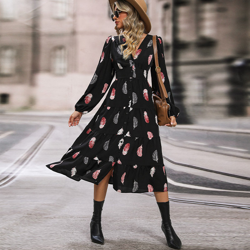 Romantic Elegant Colorful Feather Print Dress Three Quarter Sleeve Spring Fall Style Wholesale Available