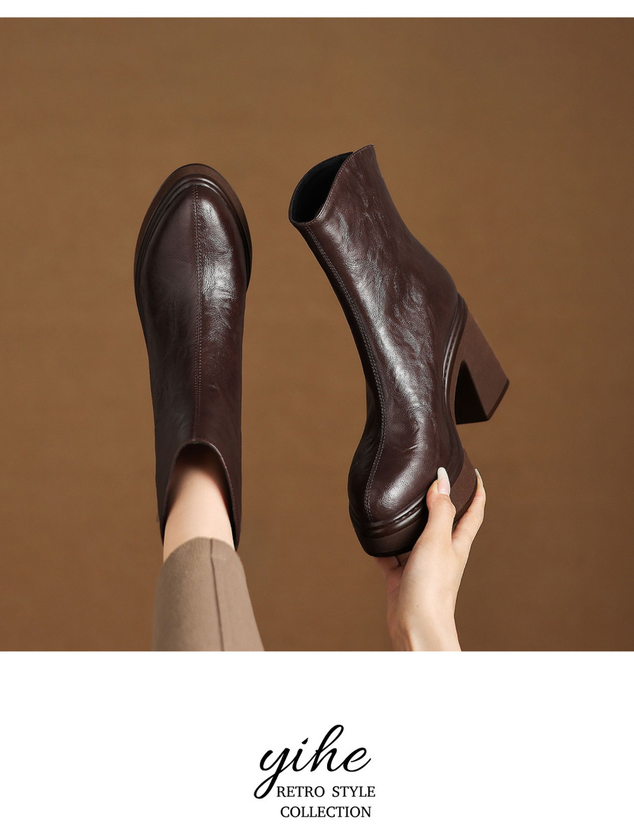 Boot nữ da bò gót thô 9,5cm cổ ngắn khóa kéo sau — Lớp lót đơn màu đen, Lớp lót đơn màu nâu đậm, Lót nhung đen, Lót nhung màu nâu đậm