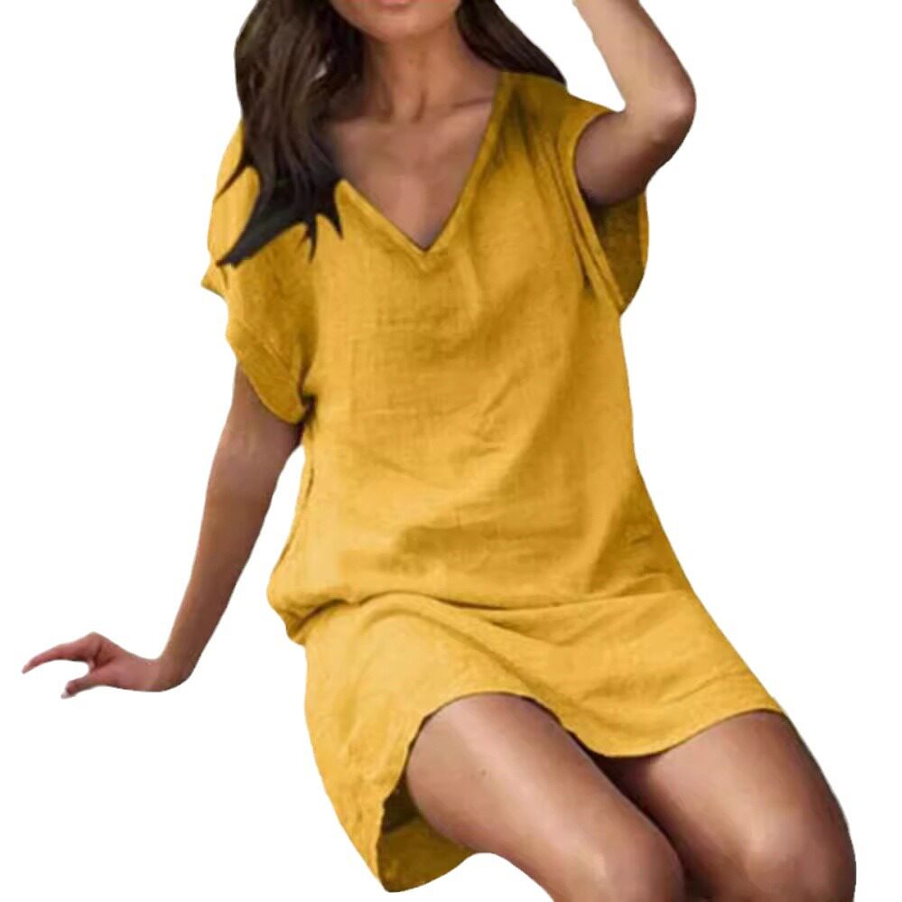 Casual Cotton Linen Loose V Neck Short Sleeve Dress for Summer Available in Multiple Colors and Sizes Wholesale Supply