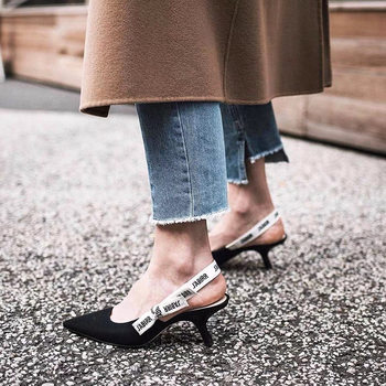 2025 New D Family Alphabet with Bow Cat Heel High Heels Knitted Striped Pointed Toe Shallow Mouth Empty Sandals for Women