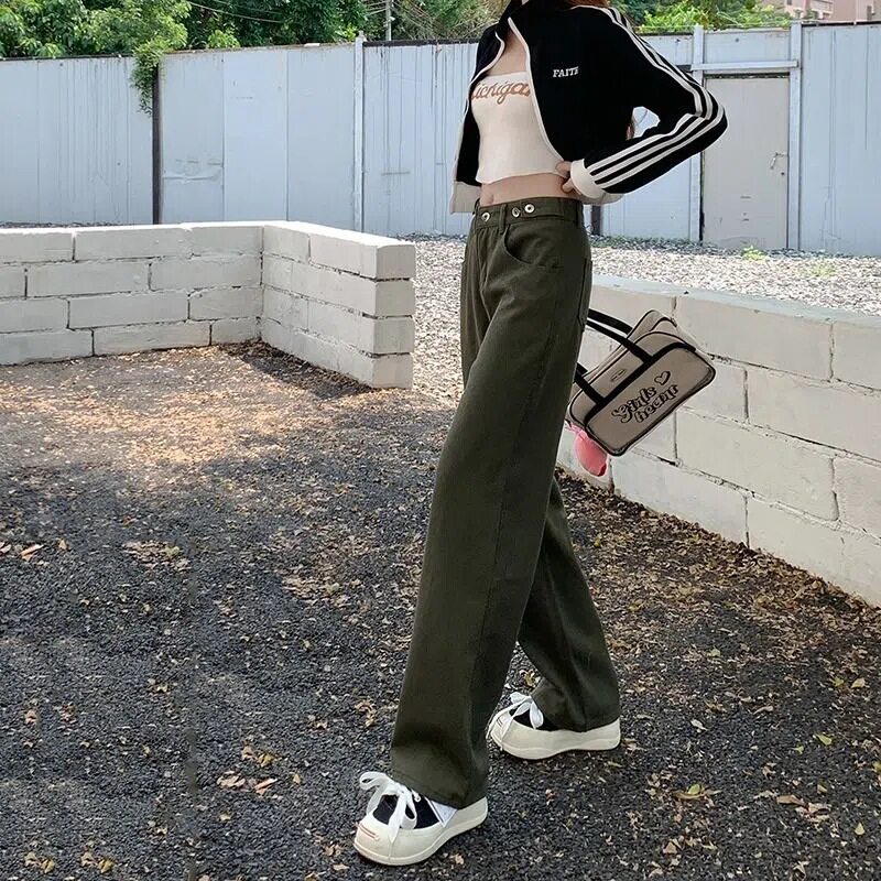 Plus Size Vintage High Waisted Slimming Jeans Loose Fit Straight Leg Green Color Autumn Casual Wear Wholesale