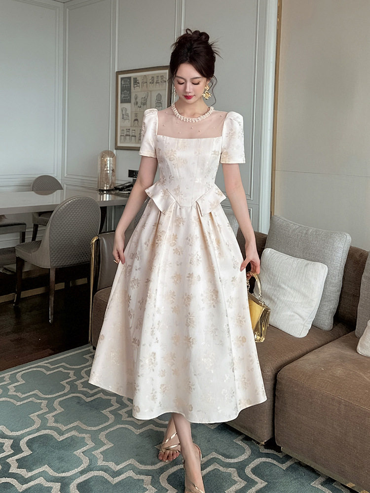 Đầm maxi nữ oversize tay ngắn cổ tròn họa tiết hoa nhí phong cách Pháp — [Màu hồng đào] chi tiết 11
