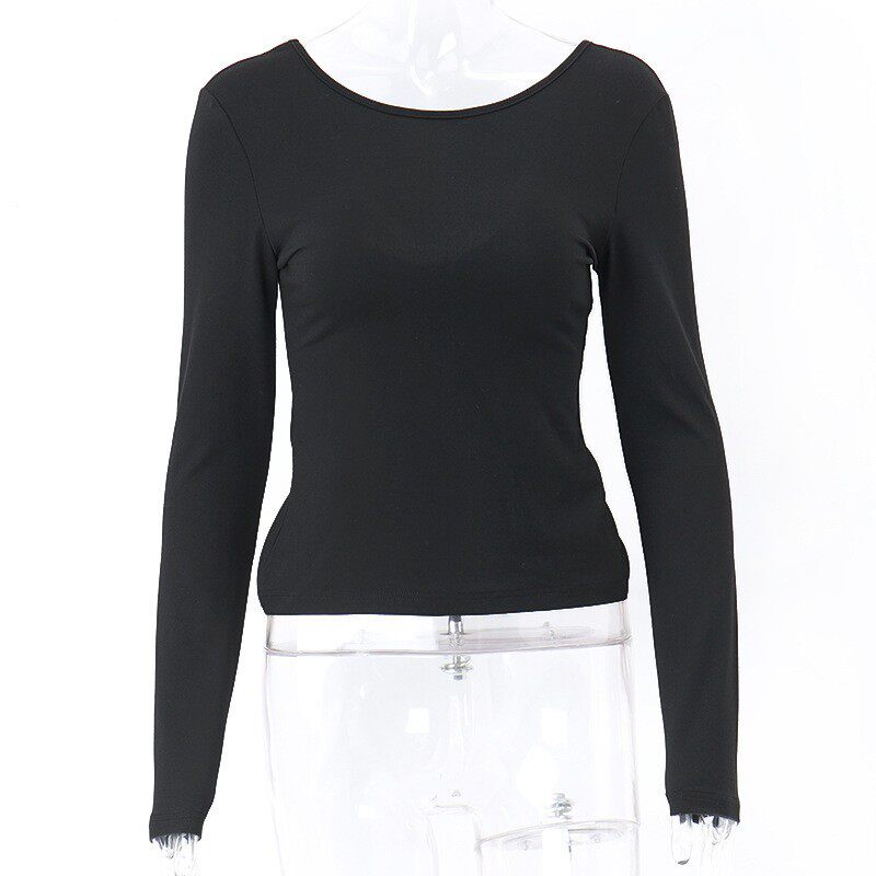 Womens Long Sleeve T Shirt Sexy Hollow Back Design Slim Fit Round Neck Autumn Fashion for Casual Wear OEM Available