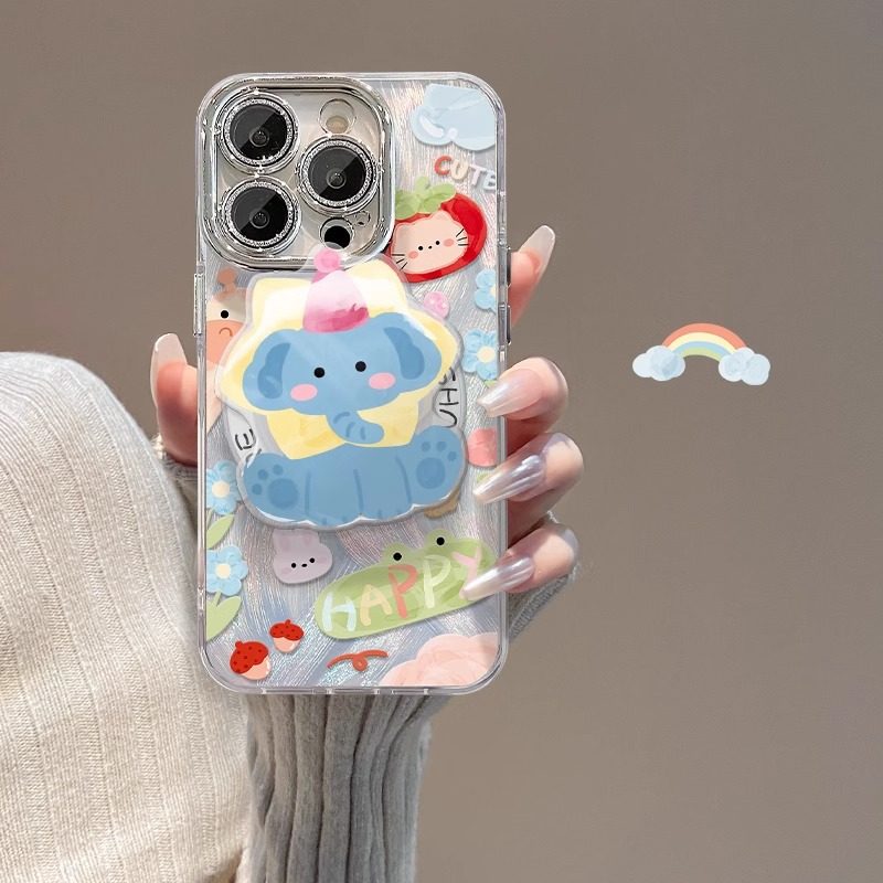 Cute Animal Magnetic Bracket Suitable for Apple 15 Feather Yarn Phone Case 14PRO Full Cover Lens Film 13/12 Advanced