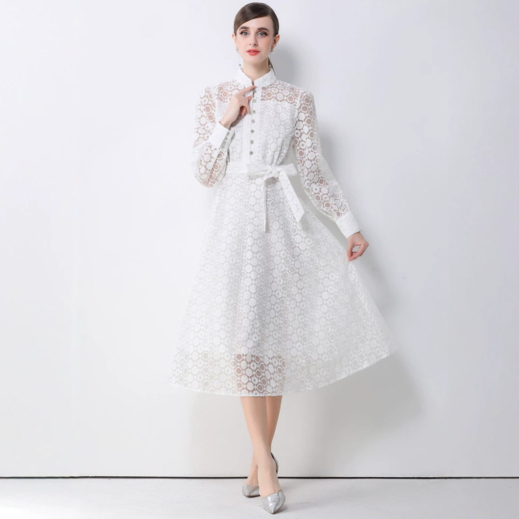 French Vintage Embroidered Mesh Dress High Neck Waist Tie Flared Skirt Elegant Spring and Autumn Wear Wholesale