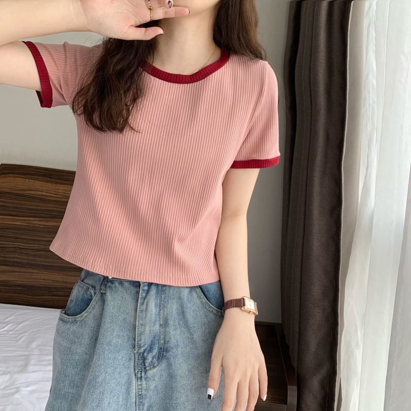 Slim Fit Short Sleeve T Shirt for Women Round Neck Color Block Design Casual Summer Wear