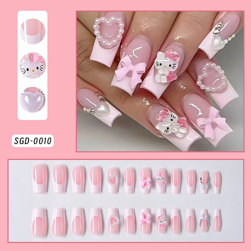 Xiaohongshu's Popular 24-Piece Kt Cat French Manicure Nail Tips, Handmade Wearable Nails, Girl's Wearable Nail Stickers